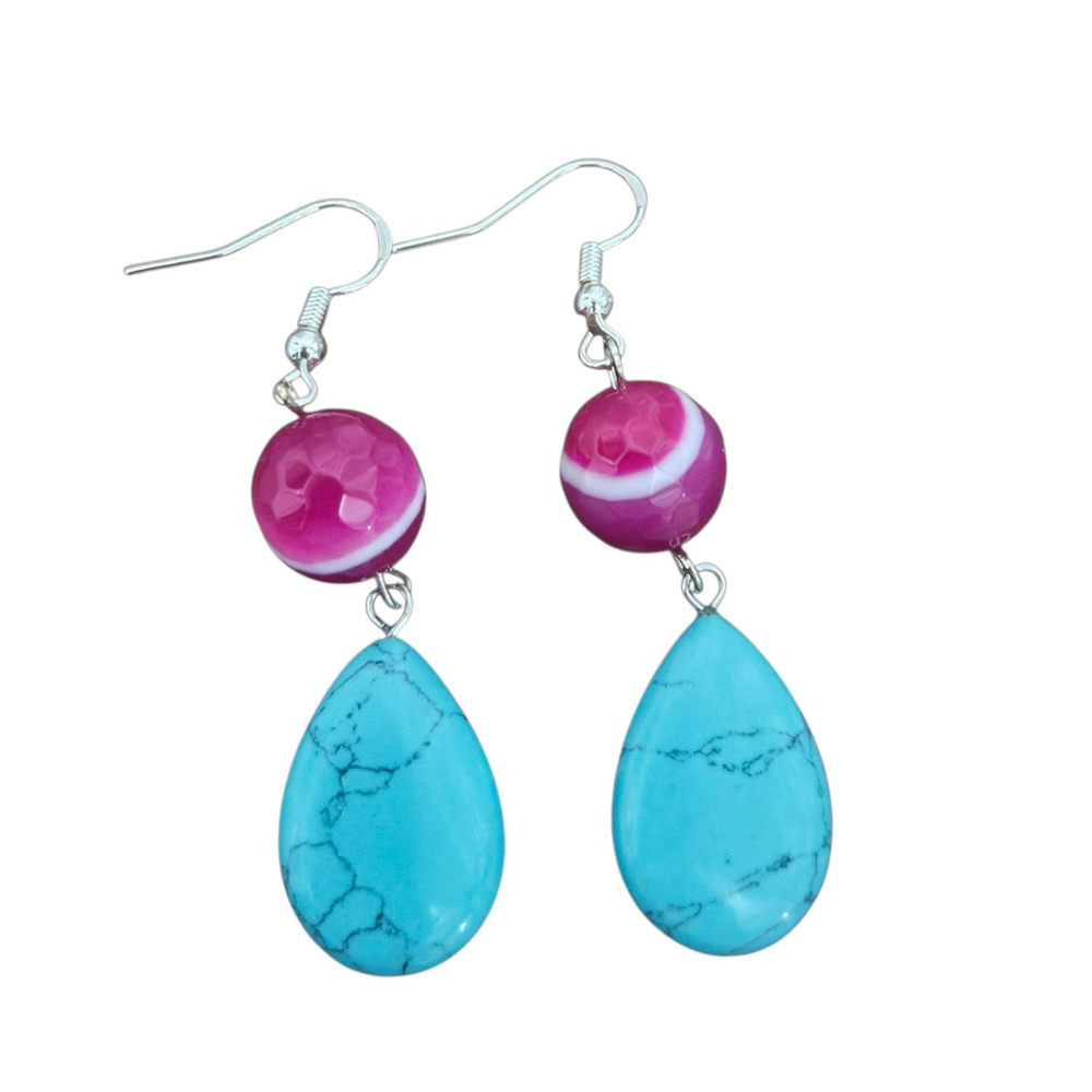 Turquoise/Hot Pink Agate Silver Women's Dangle Earrings